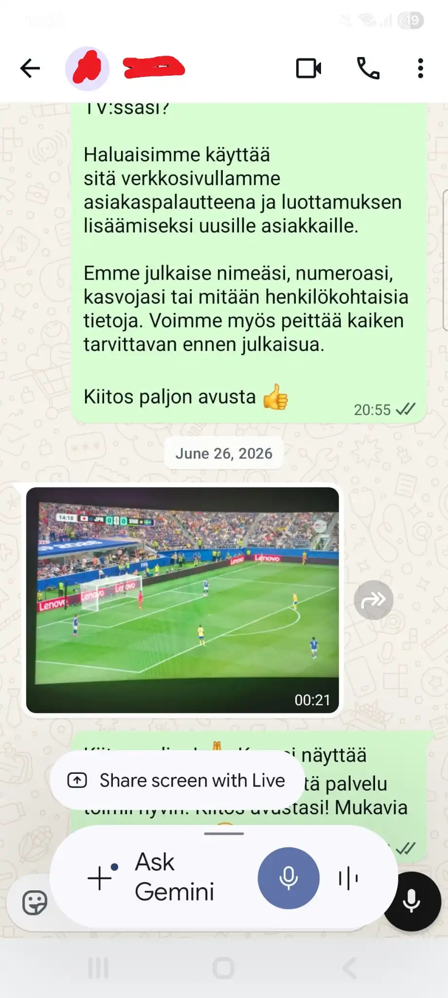 Asiakaspalaute, kuvakaappaus 2