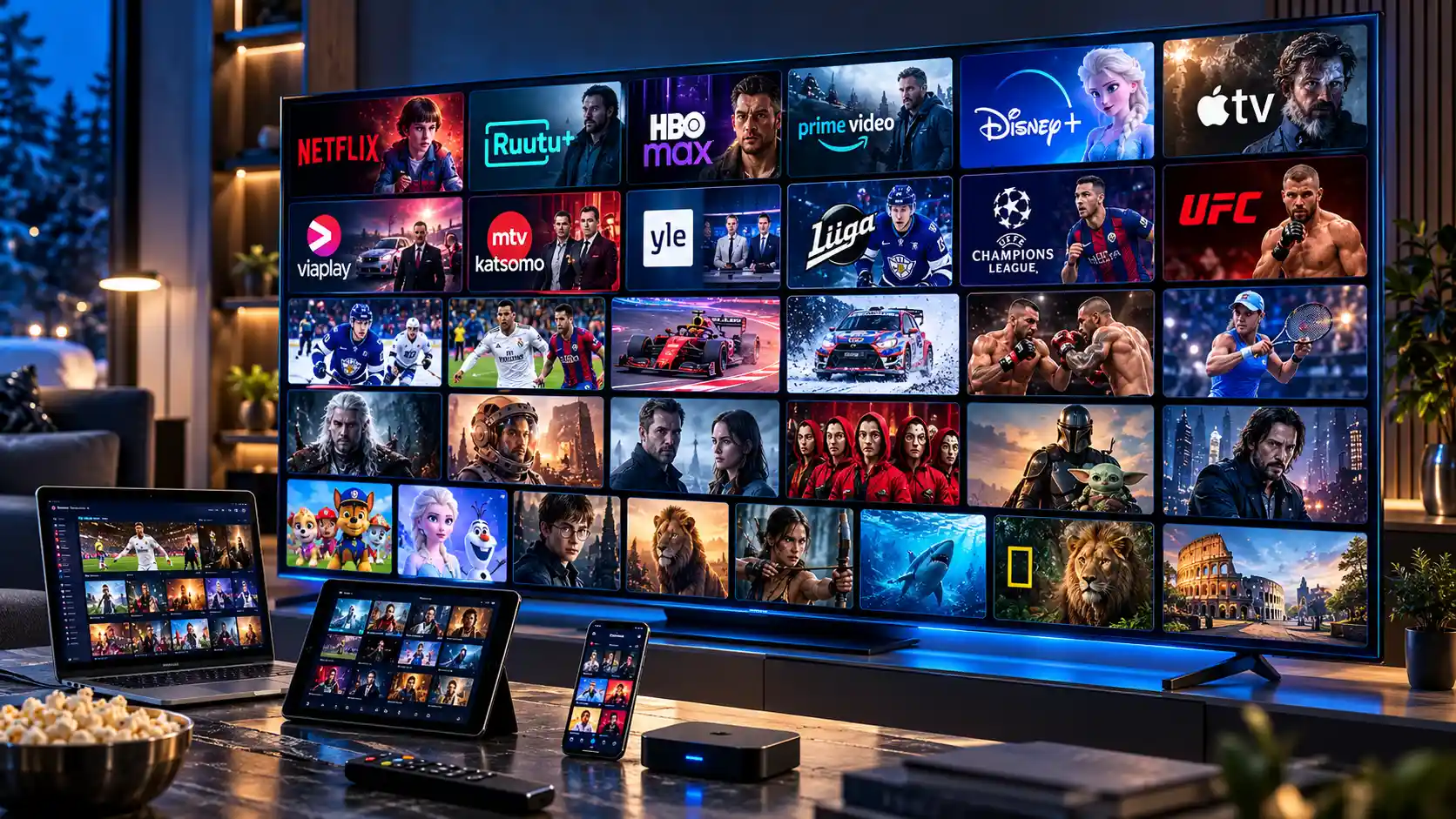 IPTV Suomi -kanavavalikoimaa havainnollistava Smart TV, jolla näkyy jääkiekkoa, jalkapalloa, elokuvia ja sarjoja. Kuvassa on myös kannettava tietokone, tabletti ja puhelin.