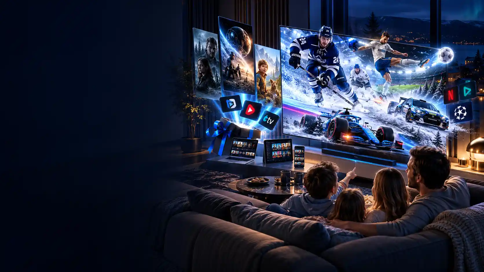IPTV Suomi -kuvitus: perhe katsoo televisiota, jossa näkyy jääkiekkoa, jalkapalloa, rallia, Formula-kilpailuja ja elokuvia.